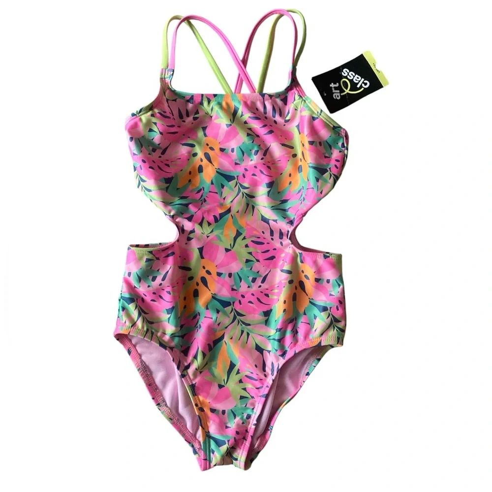 NWT art class Pink‎ and Green Leafy One Piece Swimsuit M C90